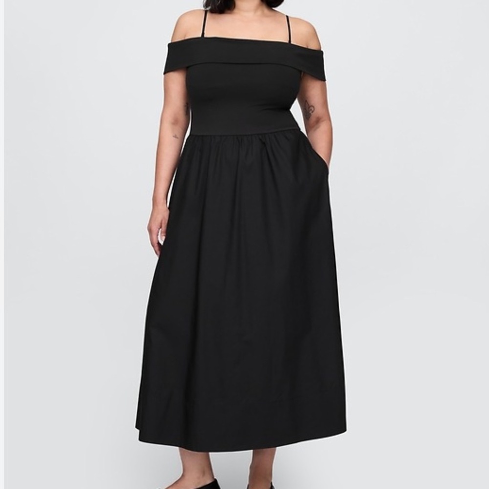 Mixed Media Off-Shoulder Midi Dress